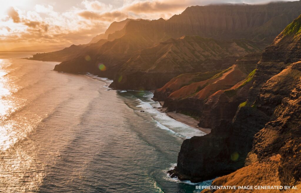 Wide ocean view with a glowing sunset sky and calm waters in Kaua‘i.