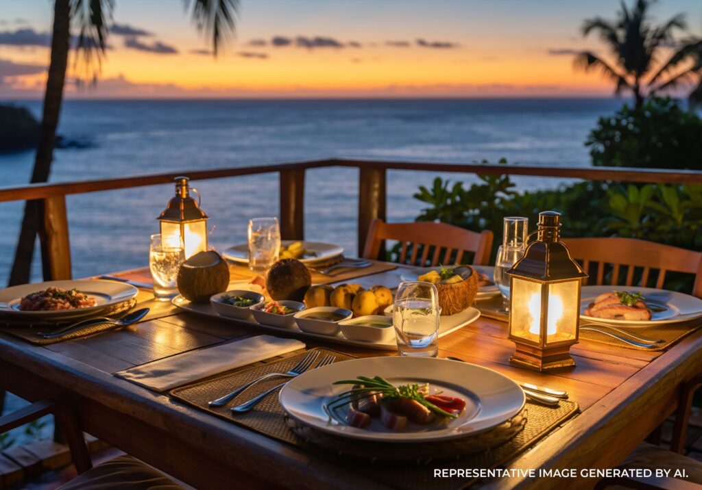 Dinner table setup overlooking the ocean at sunset with lantern light