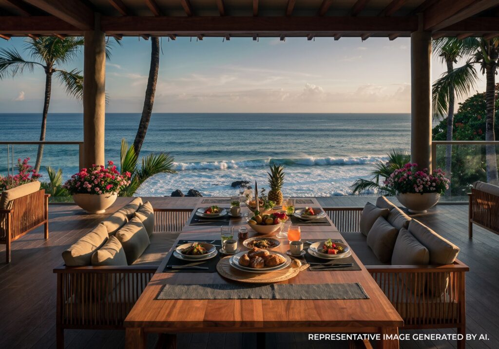 Breakfast table on an outdoor lanai facing the sunrise and ocean.