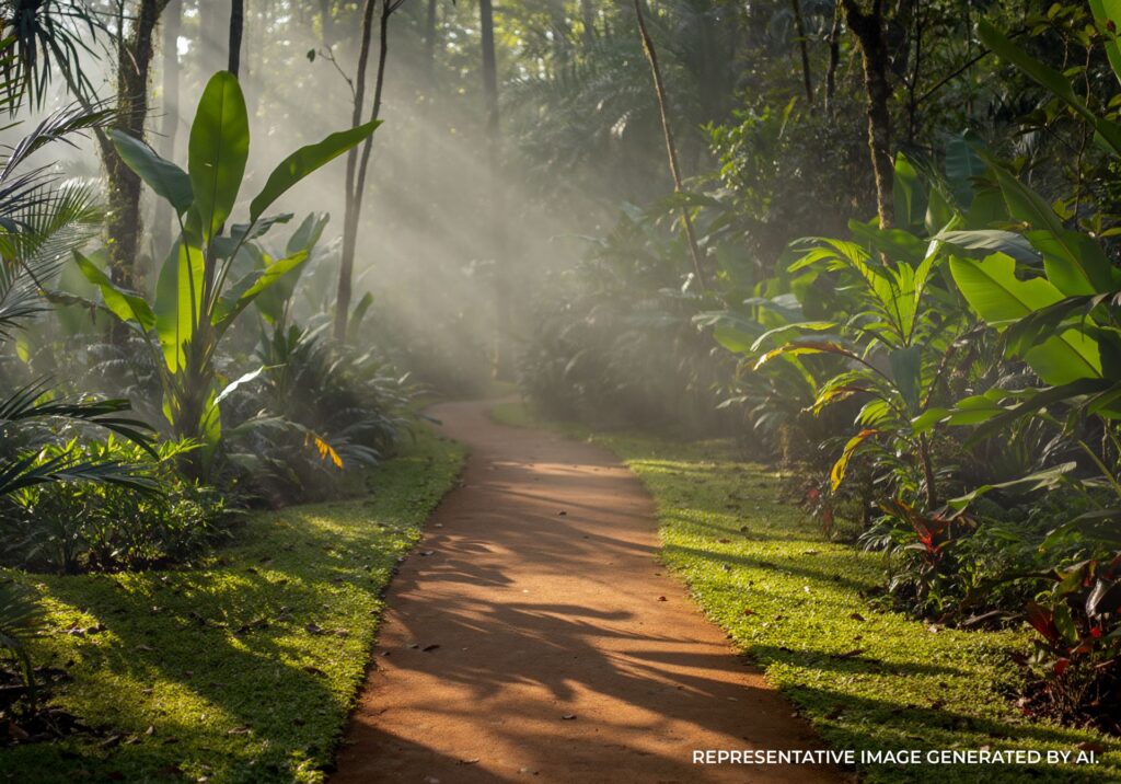 Sunbeams through rainforest foliage illuminating a walking trail.