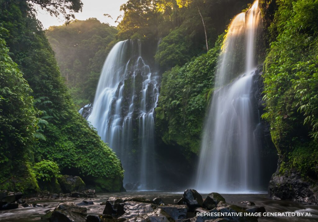Twin waterfalls flowing through lush rainforest vegetation.