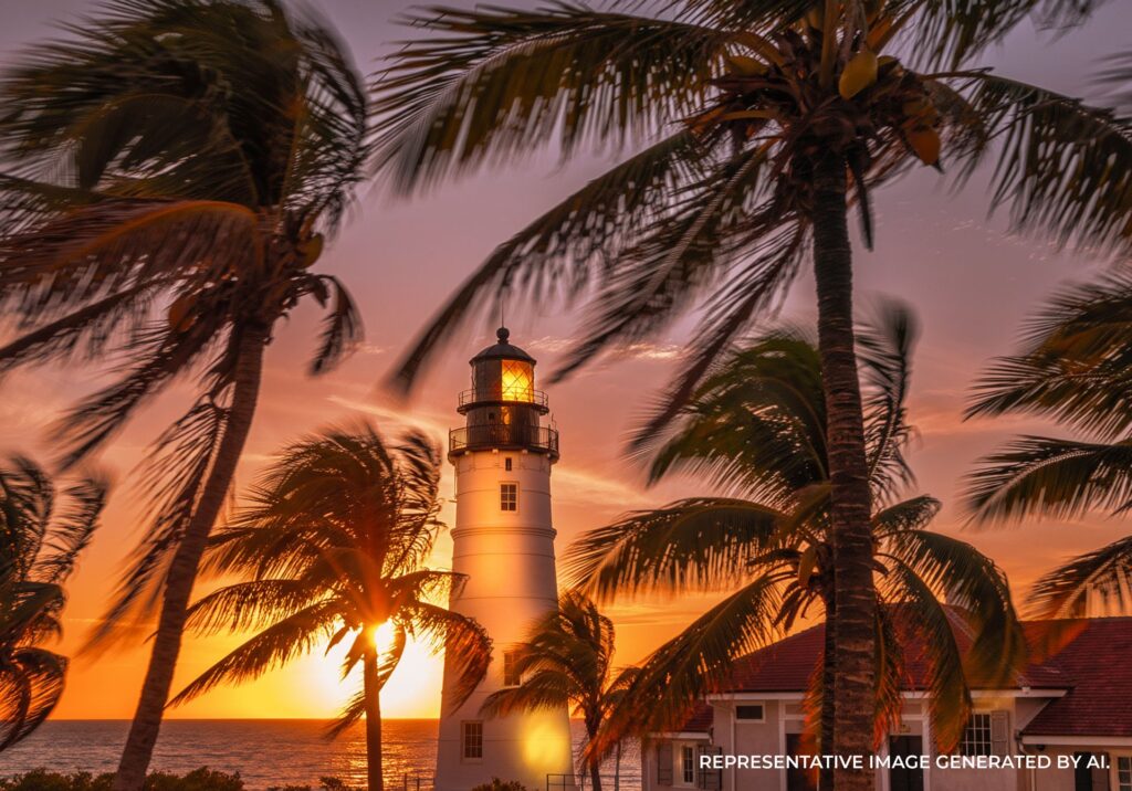 The Key West Lighthouse surrounded by palm trees during golden hour.