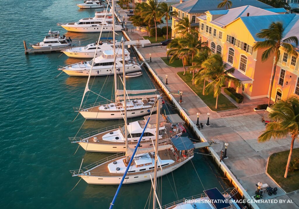 Boats docked in a glowing marina at dusk in Key West.