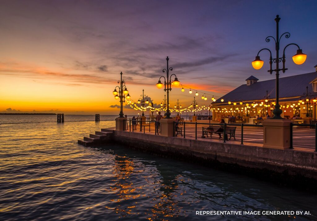 A pier leading toward the horizon with golden light reflecting across the ocean.