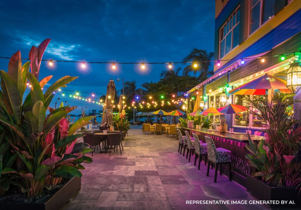 Outdoor restaurant patio in Key West with string lights, rainbow umbrellas, and tropical plants by the water.