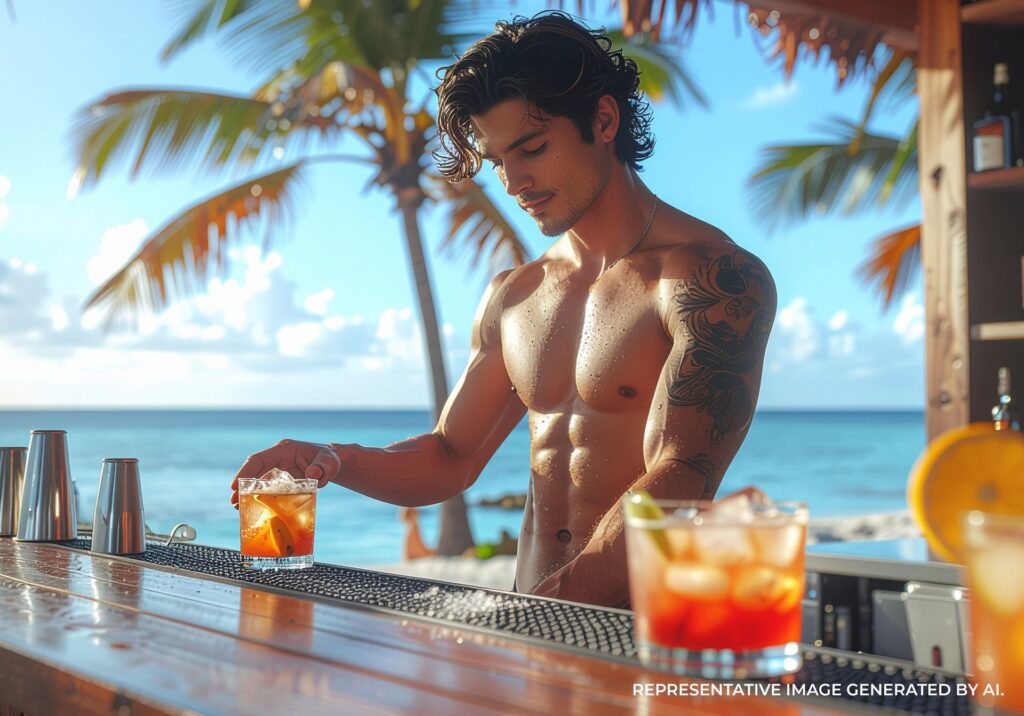 A resort bartender serving drinks with palm trees and ocean behind him.