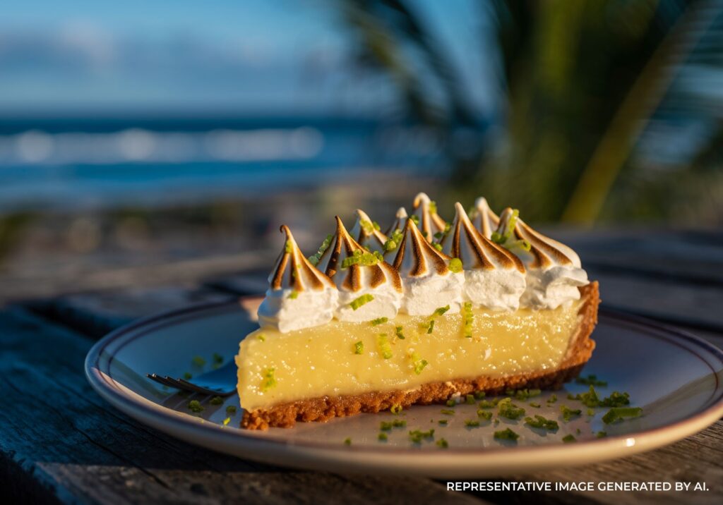 Close up of a slice of key lime pie with toasted meringue topping on a plate by the ocean.