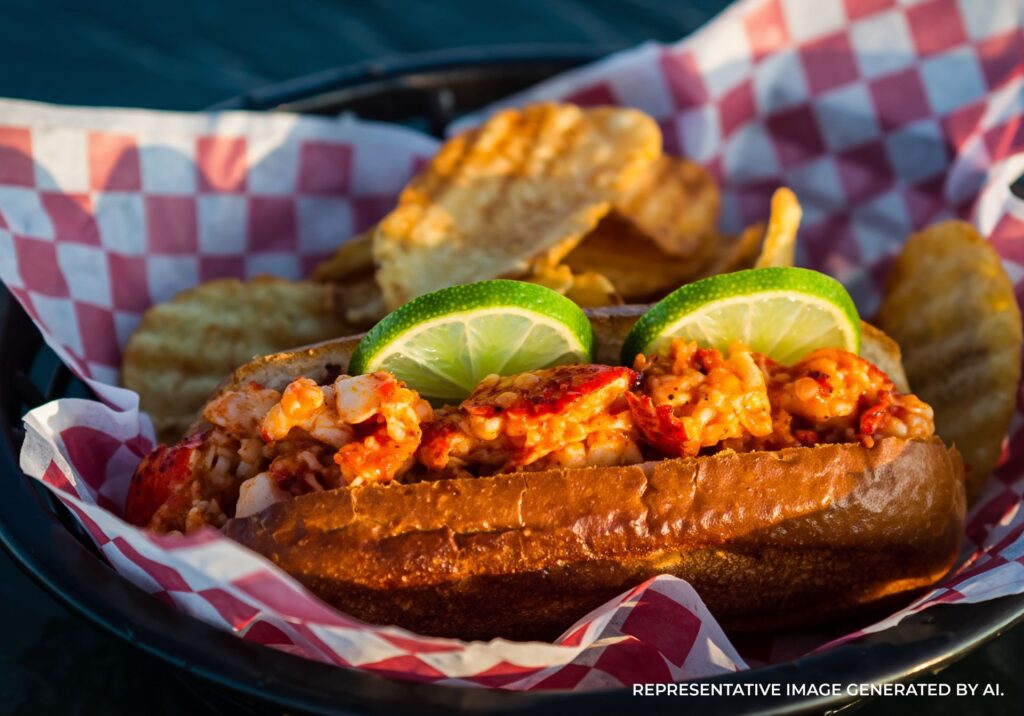 Lobster roll in a toasted bun with lime wedges and potato chips in a checkered paper basket.