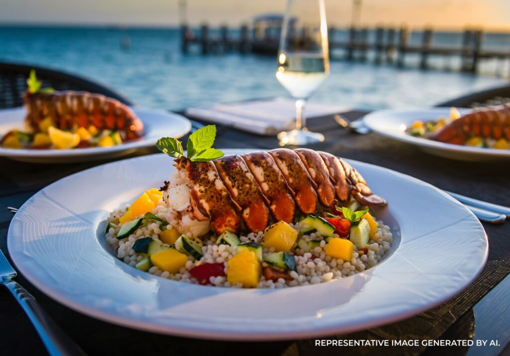 A beautifully styled tropical dish served in a coastal restaurant setting.