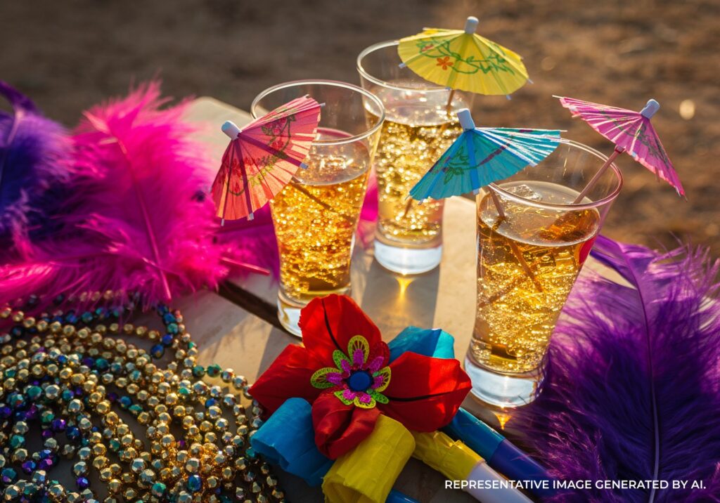 Sparkling cocktails with paper umbrellas surrounded by colorful beads and feathers on a party table.