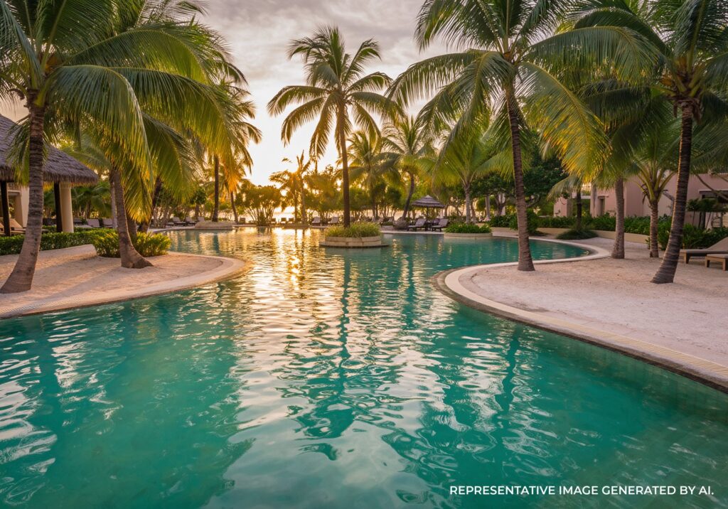 A lagoon style pool with lush palms and warm coastal lighting.