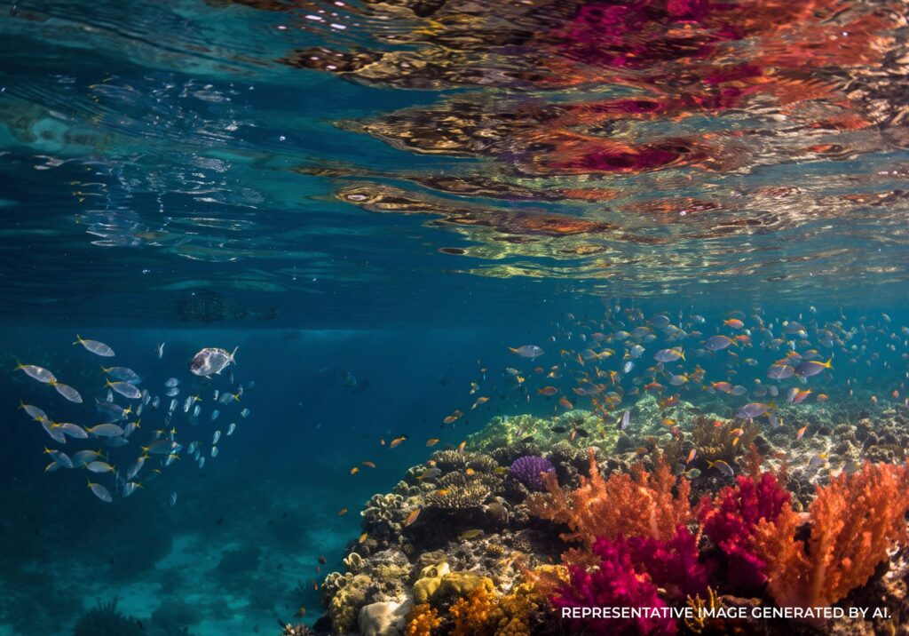 Underwater scene with coral, fish, and clear blue ocean near Key West.