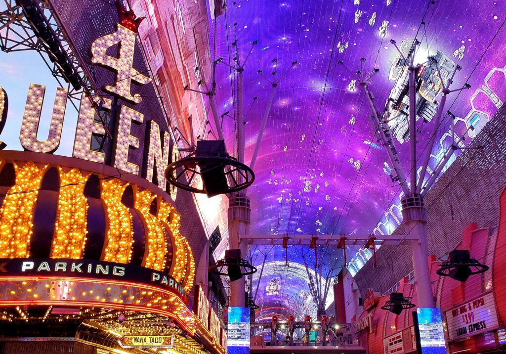 Fremont Street Experience canopy with neon lights and digital displays in downtown Las Vegas