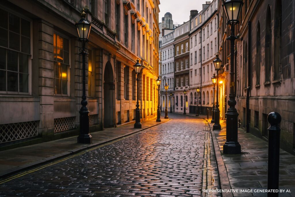Cobblestone street in London with historic buildings