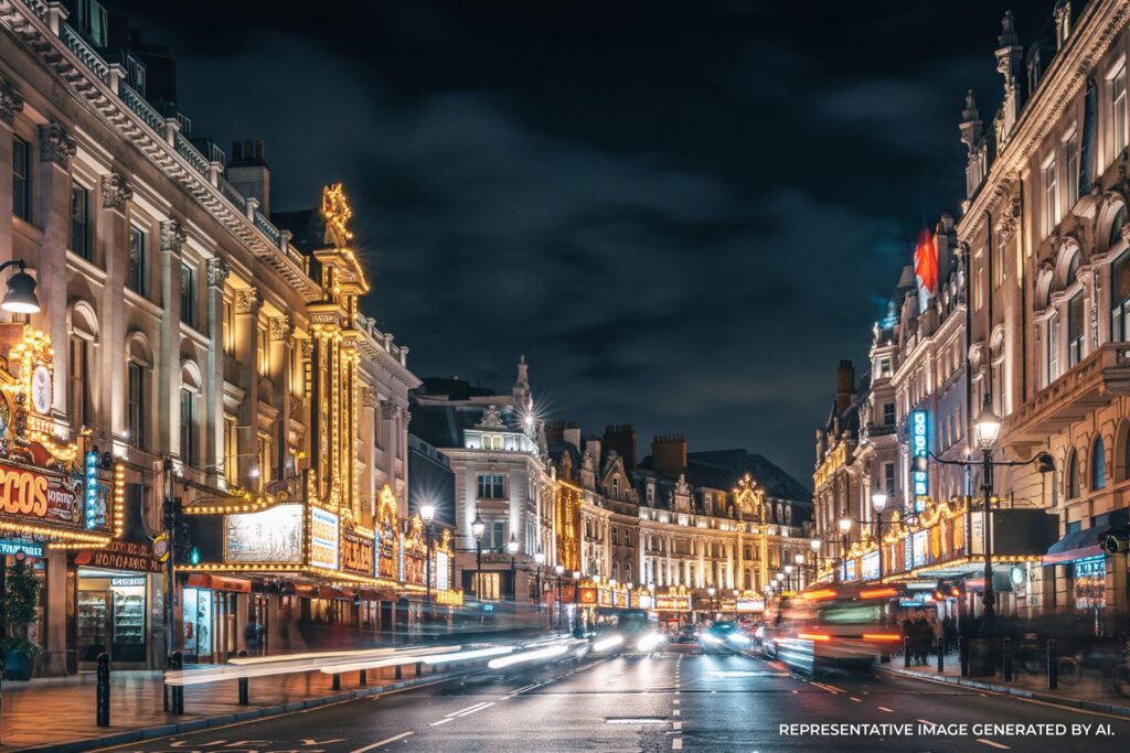 London street at night with wet pavement and lights