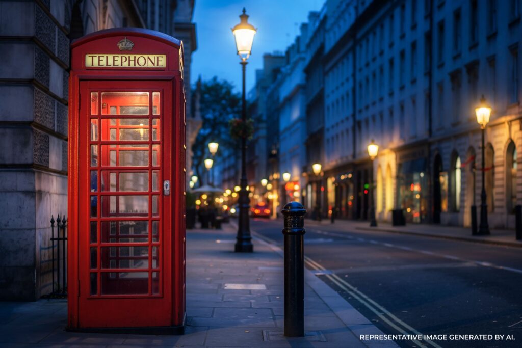 Red telephone booth on London street at dusk