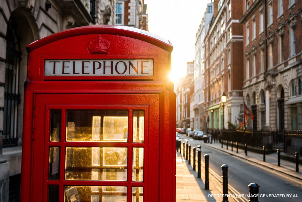 Classic red telephone booth on a London street