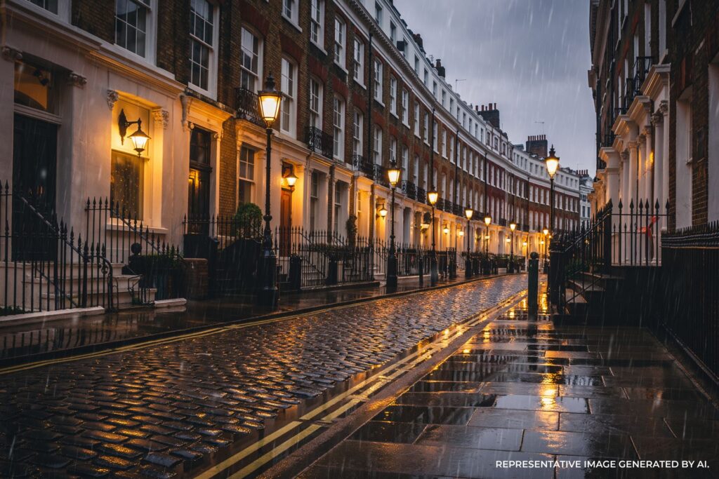 London street at night with wet pavement and lights