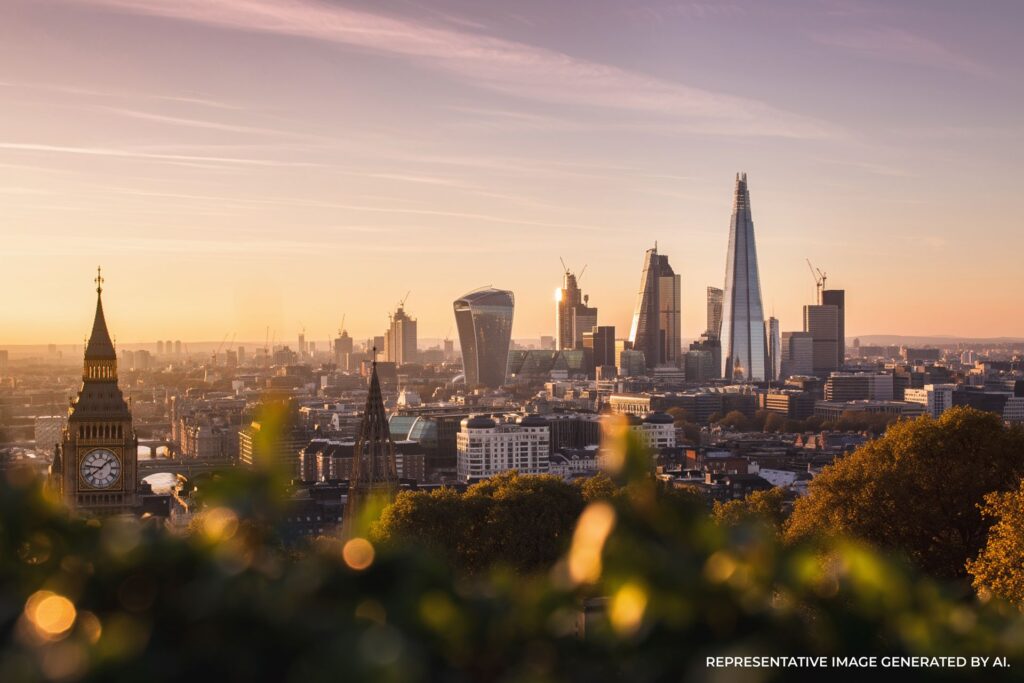 London skyline at dawn with skyscrapers
