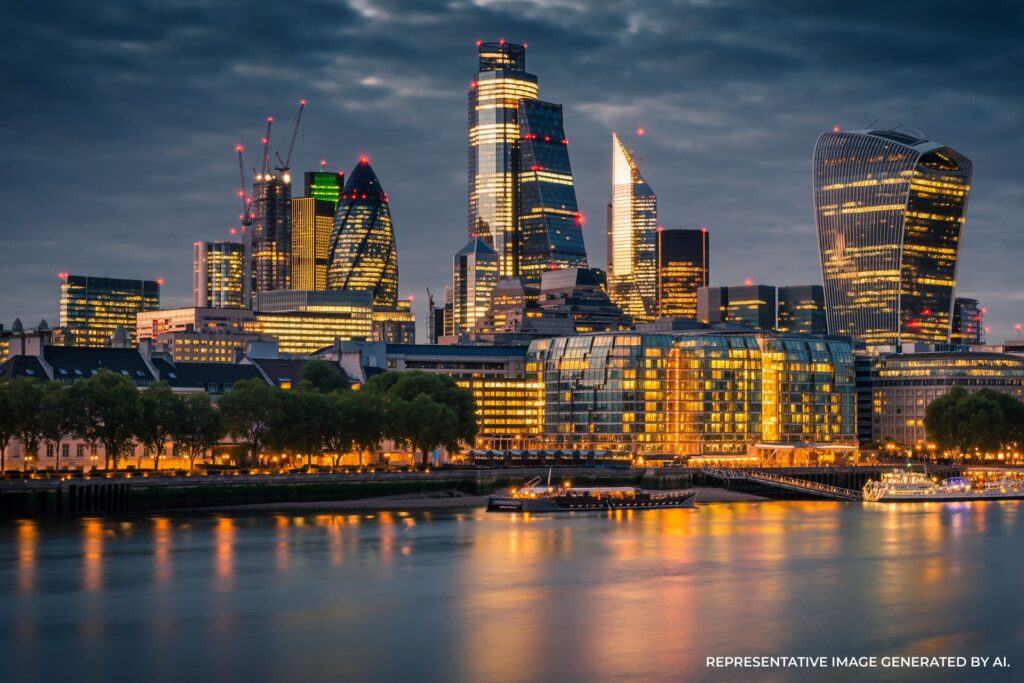 Night view of London skyscrapers with reflections