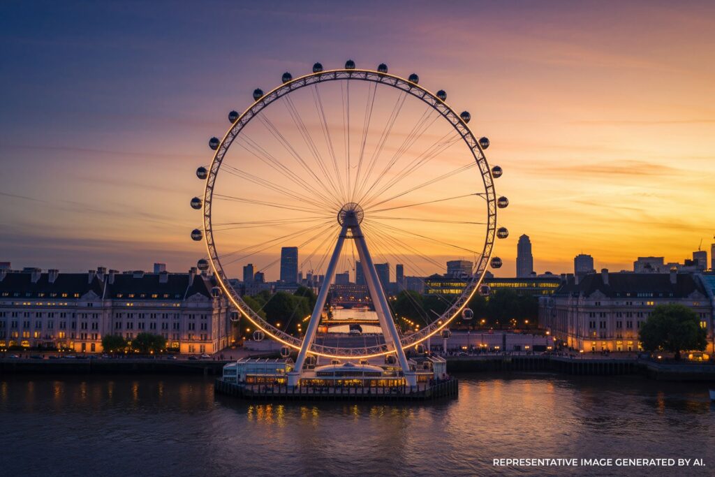 London Eye at sunset with warm evening sky