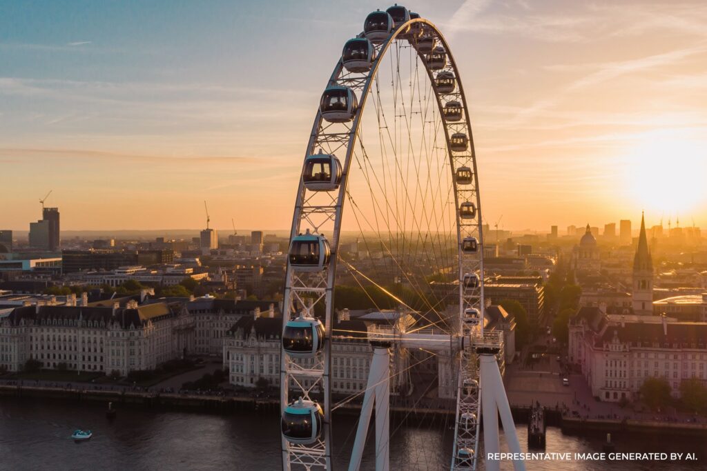 London Eye overlooking the Thames at sunset in London England
