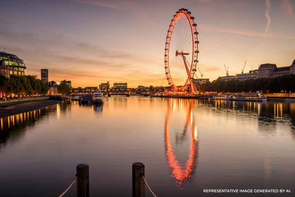 Illuminated London Eye reflected on the Thames in London England