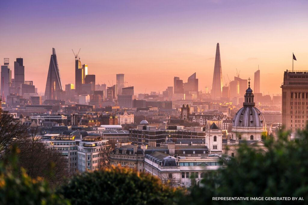 London skyline at dusk from a hilltop view