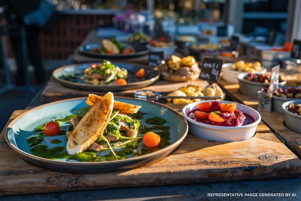 British pub meal served on rustic wooden table