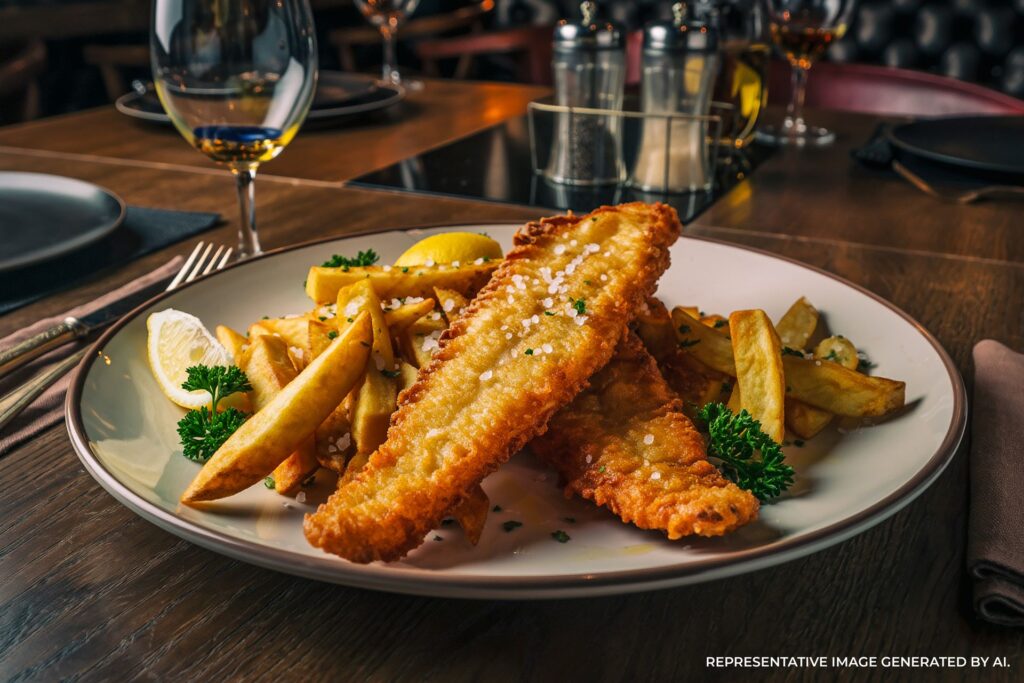 A plate of fish and chips dish with lemon and sides