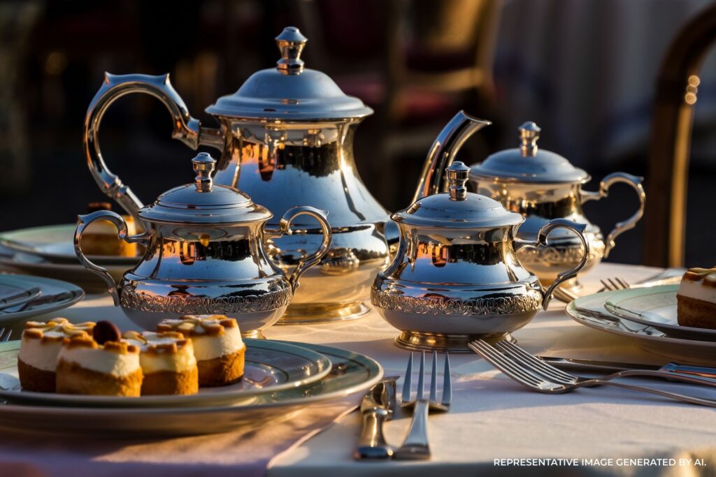 Afternoon tea set with teapots and tiered trays