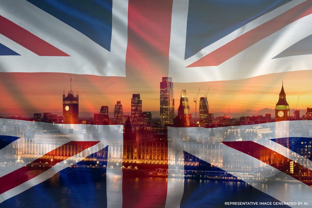 London skyline at sunset with the Union Jack flag softly overlaid across the scene, featuring Big Ben, the River Thames, and modern skyscrapers