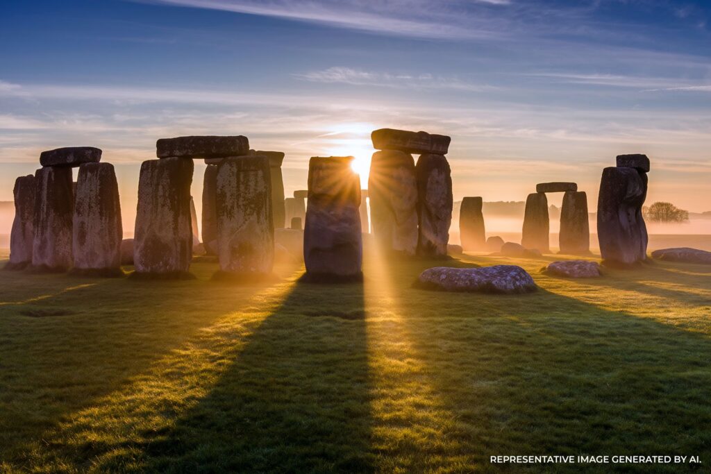 Stonehenge with sunlight rays breaking through stones