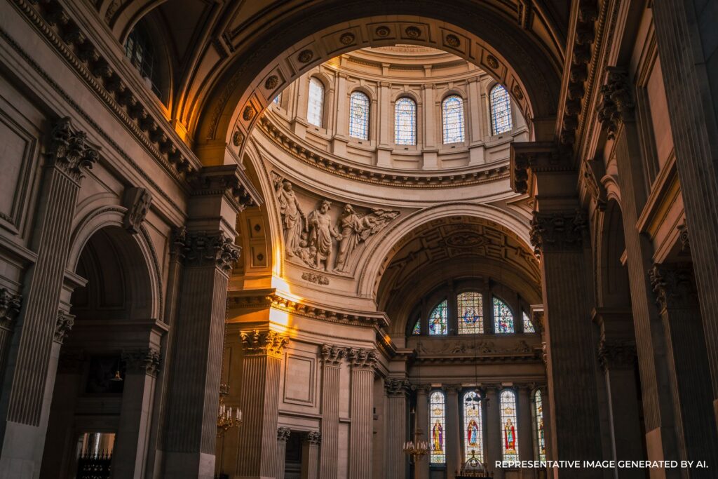 Historic interior architecture in London with ornate columns