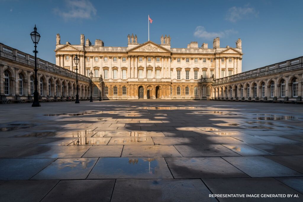 Admiralty Arch in London with flags at sunset
