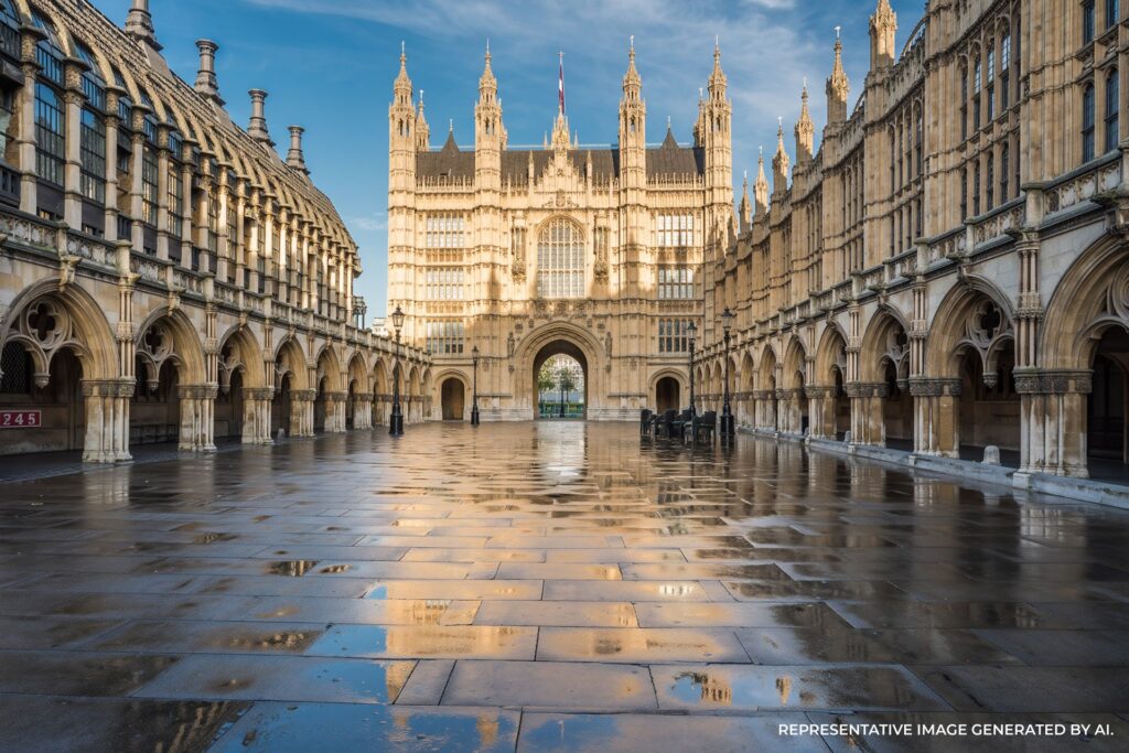 Westminster Abbey exterior with reflections on ground