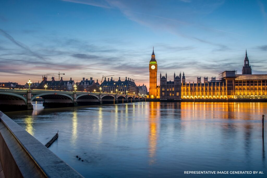 Big Ben and Westminster Palace reflected on the Thames at sunset