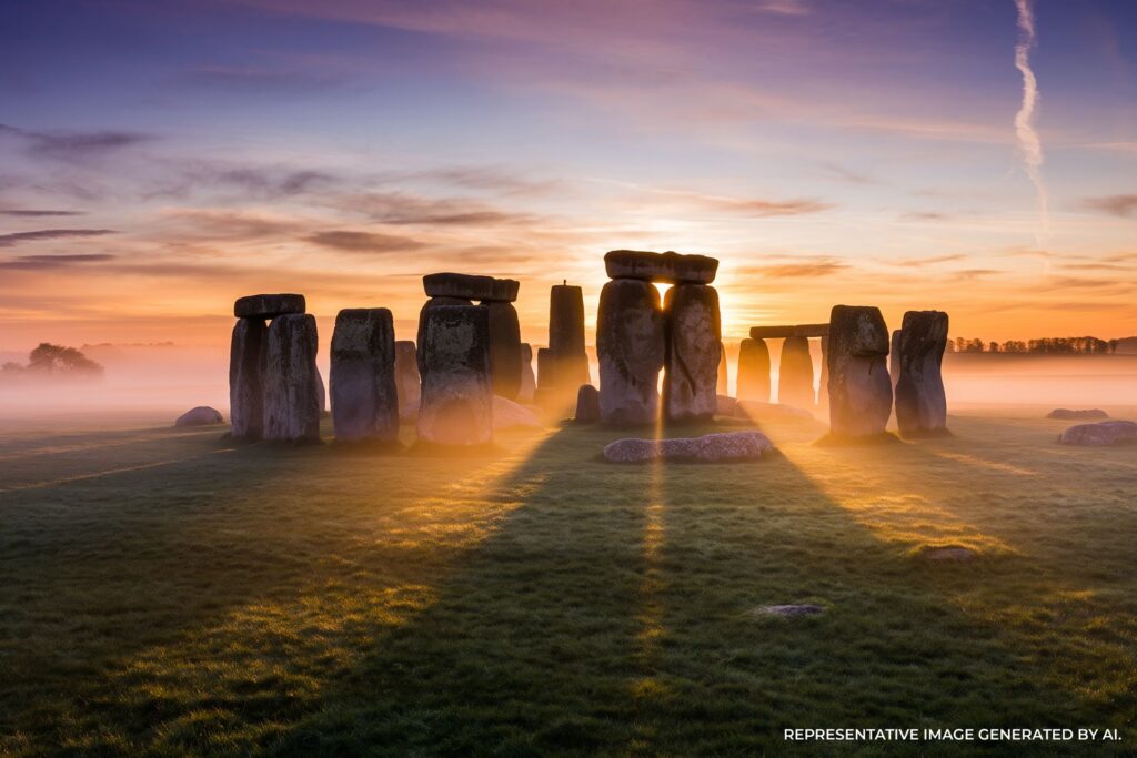 Stonehenge at sunrise with long shadows across grass