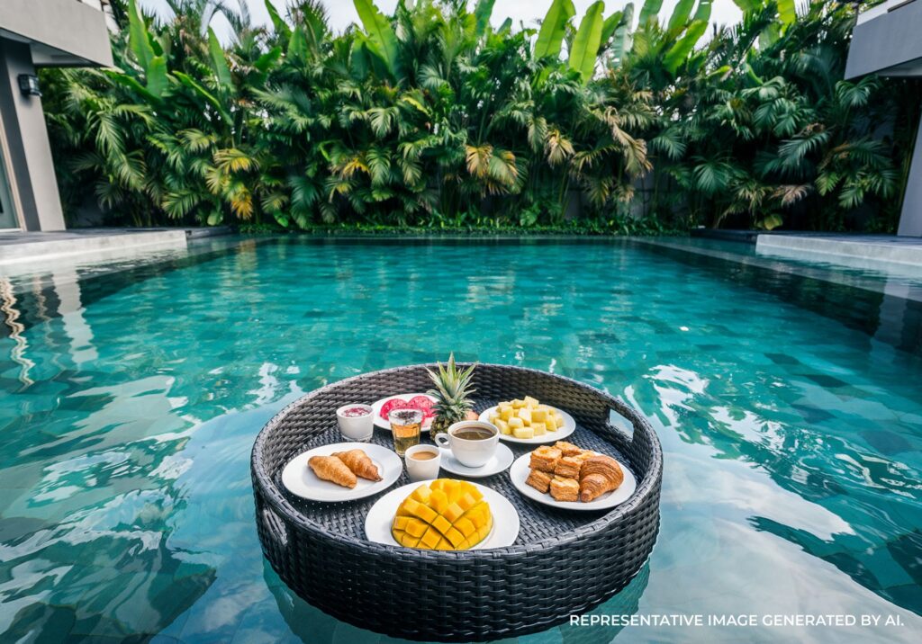 Floating tray with tropical desserts and fruit in a lagoon style pool in the maldives