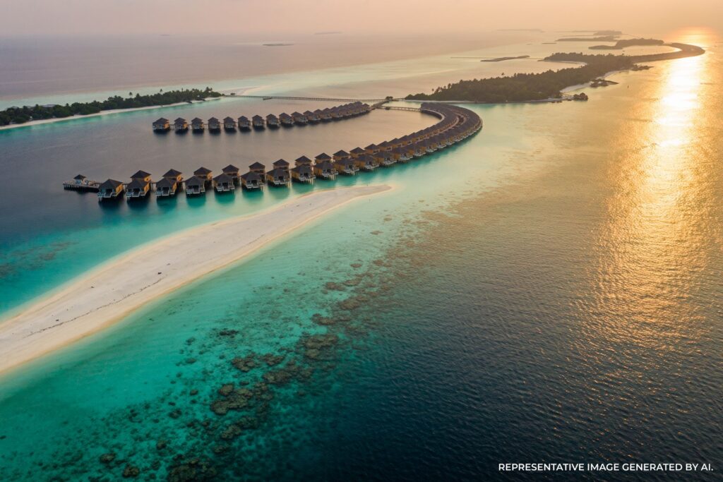 Aerial view of a curved row of Maldives overwater villas stretching across a turquoise lagoon at sunset with a long sandbar and golden reflections on the calm ocean.
