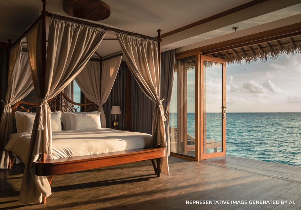 bedroom with canopy curtains and open balcony overlooking the ocean in the maldives