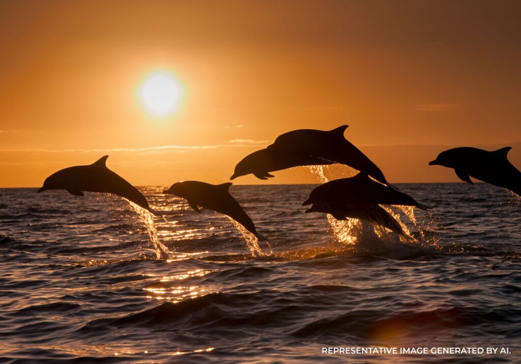two dolphins jumping from the ocean at sunset in the maldives
