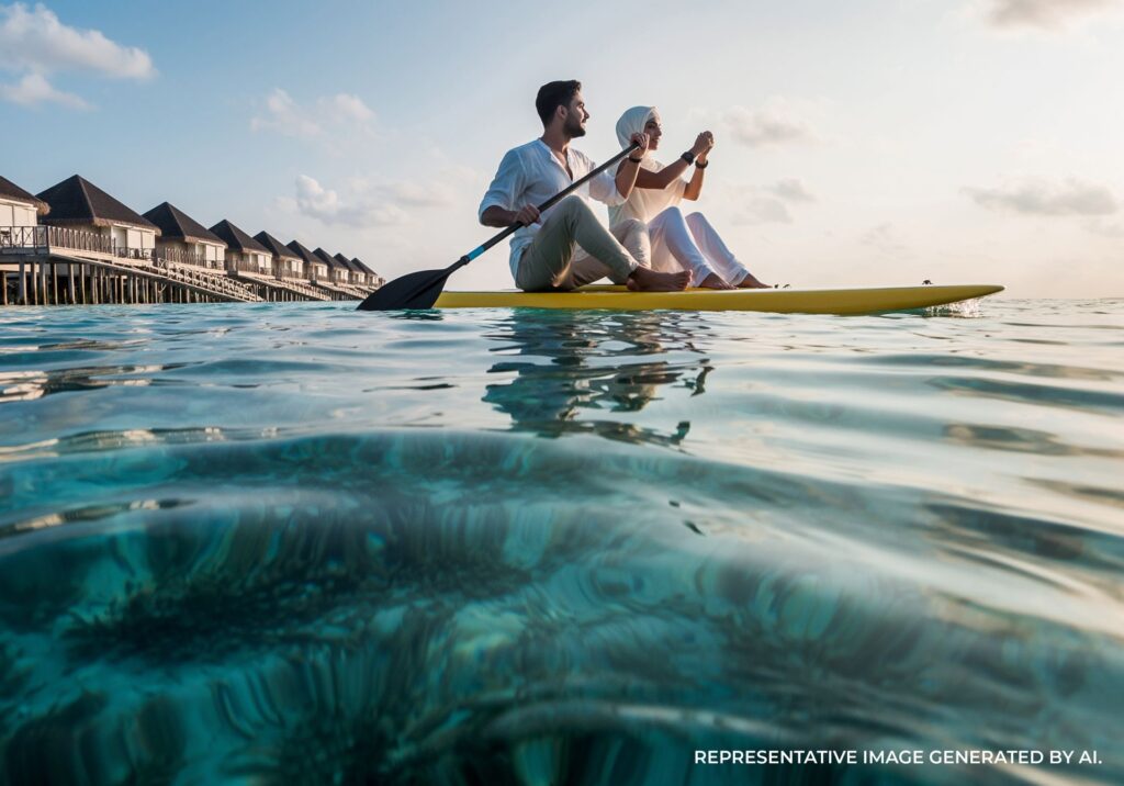 couple sitting on paddleboard above turquoise lagoon with villas in the maldives