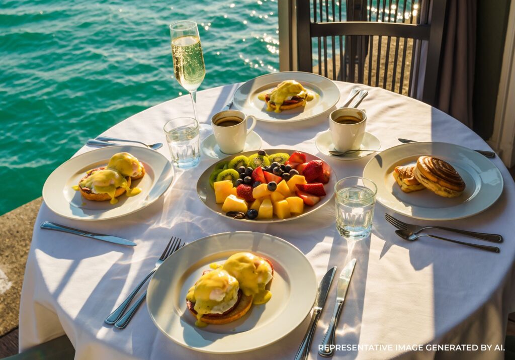 Brunch dishes and champagne on an outdoor table overlooking turquoise ocean water.