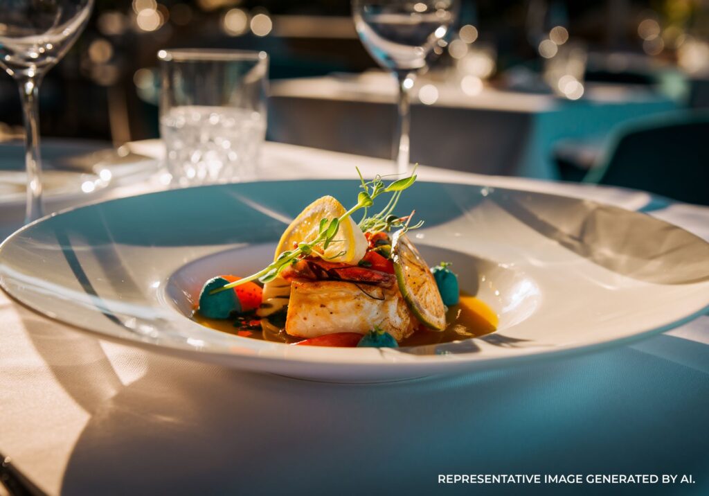 Plated seafood entrée garnished with herbs at a white table setting.