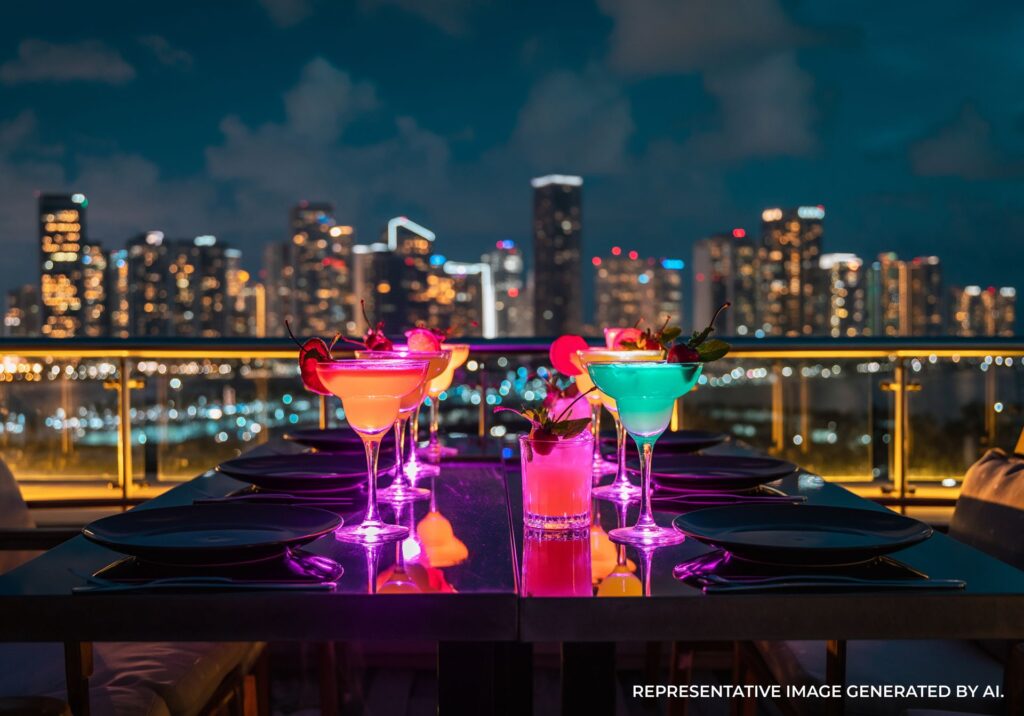 Neon lit rooftop bar table with cocktails overlooking Miami skyline at night.