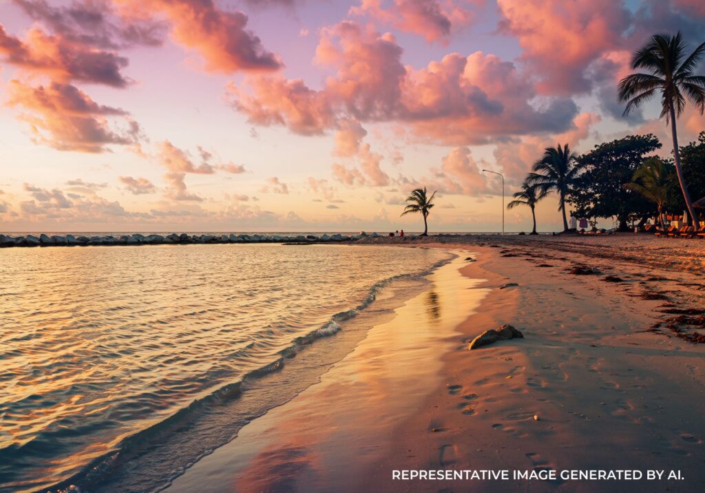 Golden hour reflections on shoreline with palm trees in Jamaica