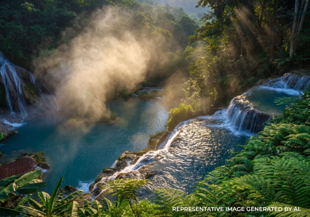 Waterfall flowing into rocky pool surrounded by jungle vegetation in Jamaica