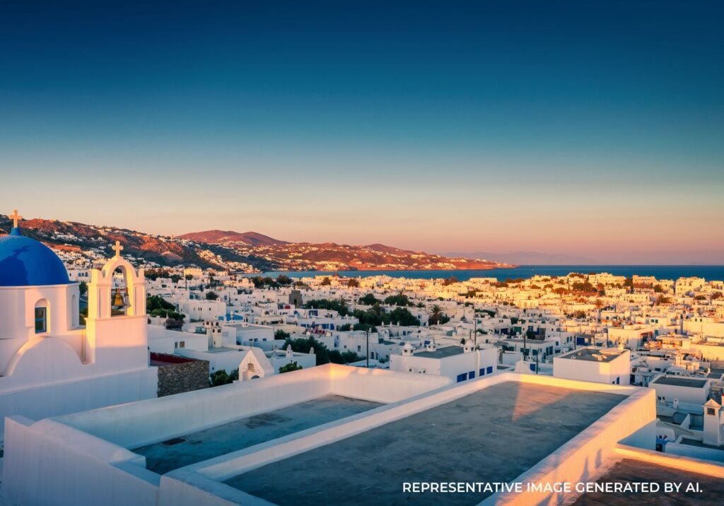 Scenic rooftop overlooking whitewashed Cycladic homes at dusk in Mykonos, Greece.