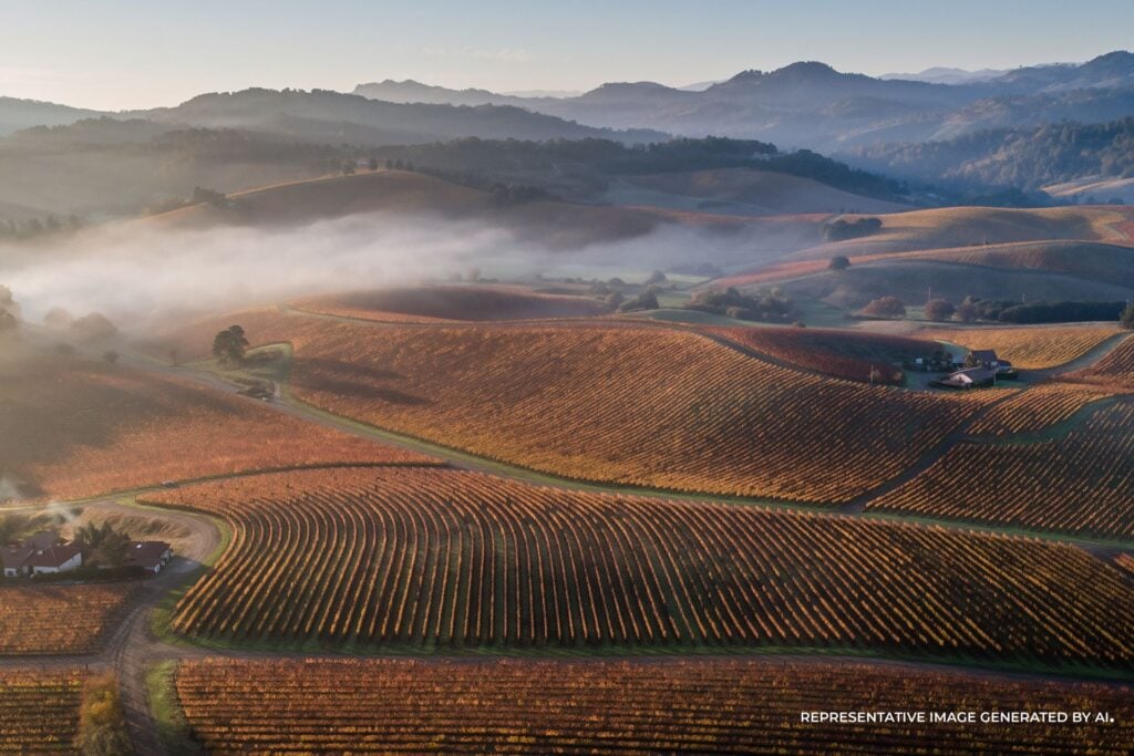 An AI representative photo of Napa Valley vineyards viewed from above, with curved rows of vines across misty rolling hills.